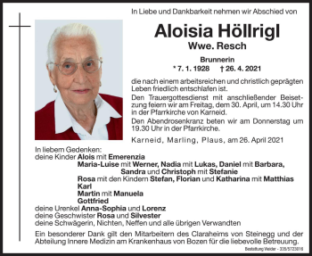 Traueranzeige von Aloisia Resch von Dolomiten
