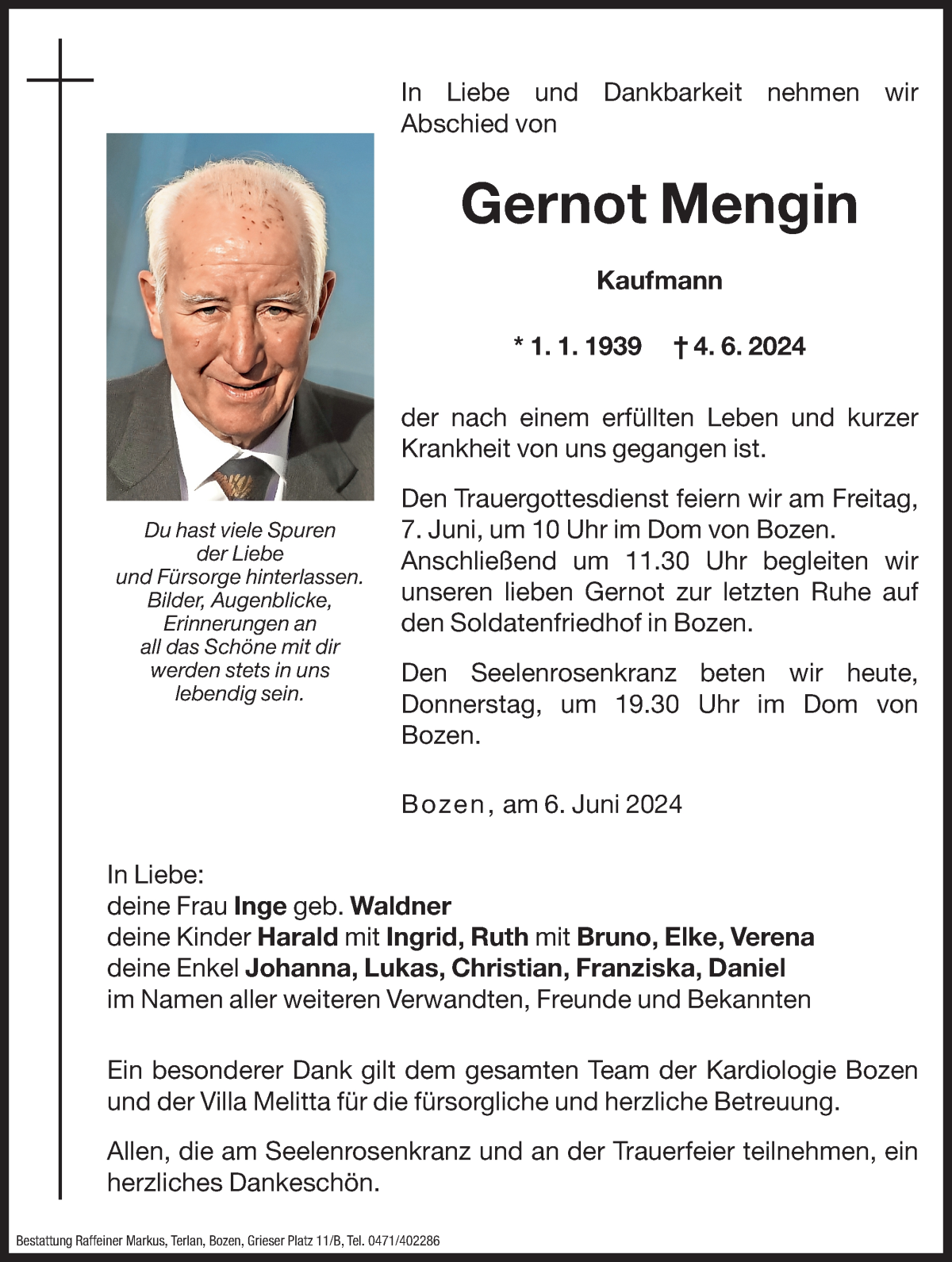  Traueranzeige für Gernot Mengin vom 06.06.2024 aus Dolomiten