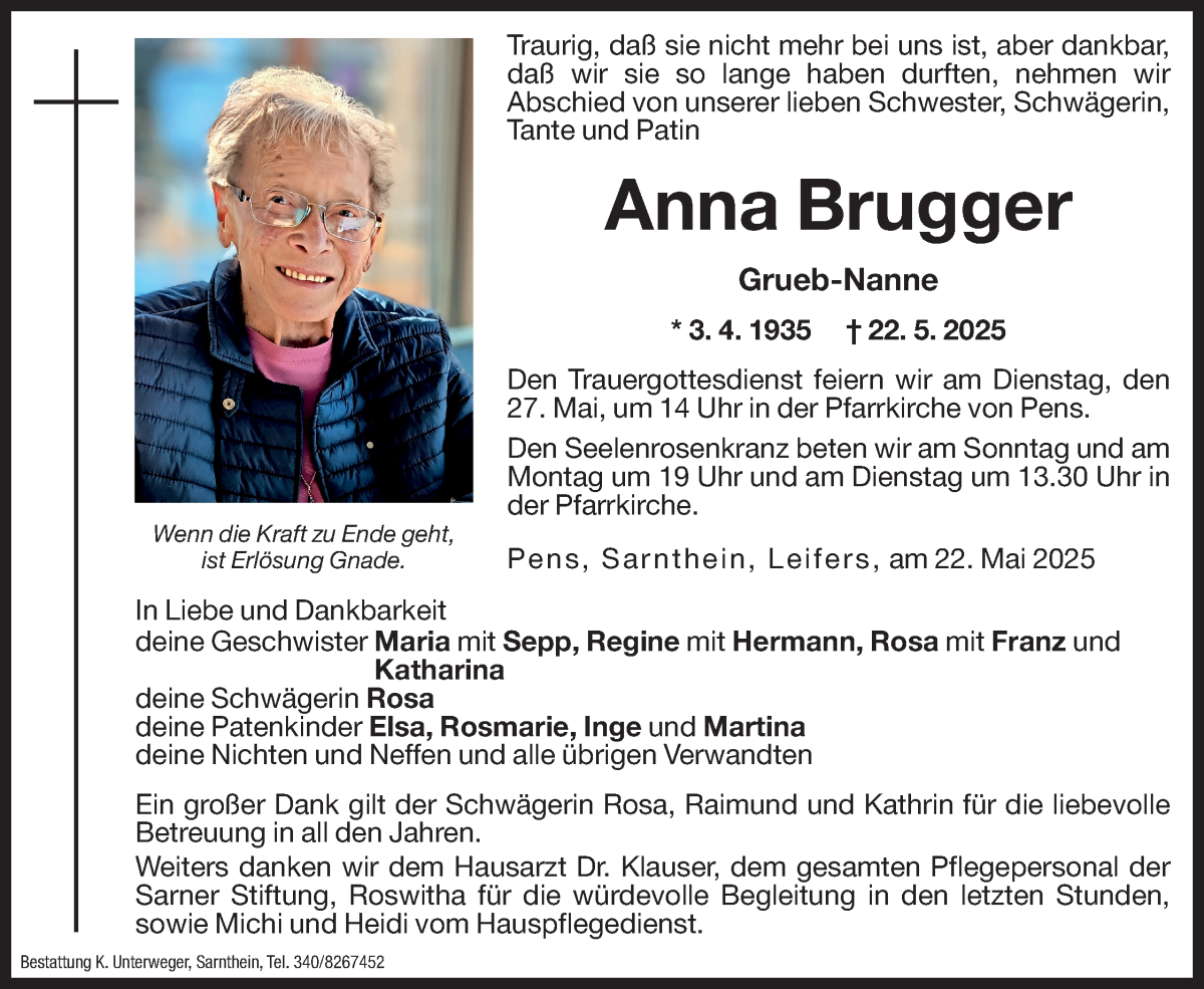  Traueranzeige für Anna Brugger vom 24.05.2025 aus Dolomiten