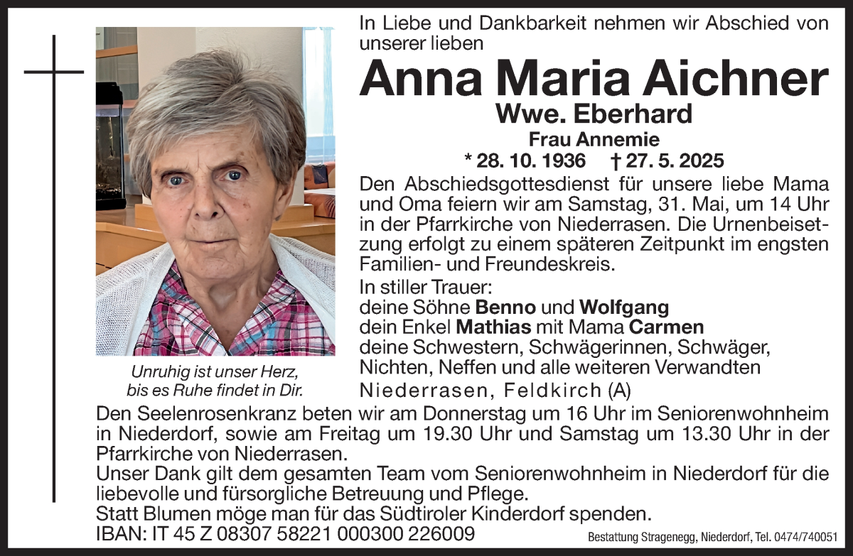  Traueranzeige für Anna Maria Eberhard vom 28.05.2025 aus Dolomiten