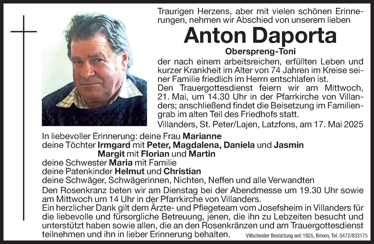  Traueranzeige für Anton Daporta vom 20.05.2025 aus Dolomiten