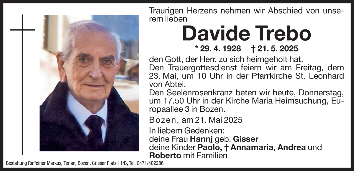  Traueranzeige für Davide Trebo vom 22.05.2025 aus Dolomiten