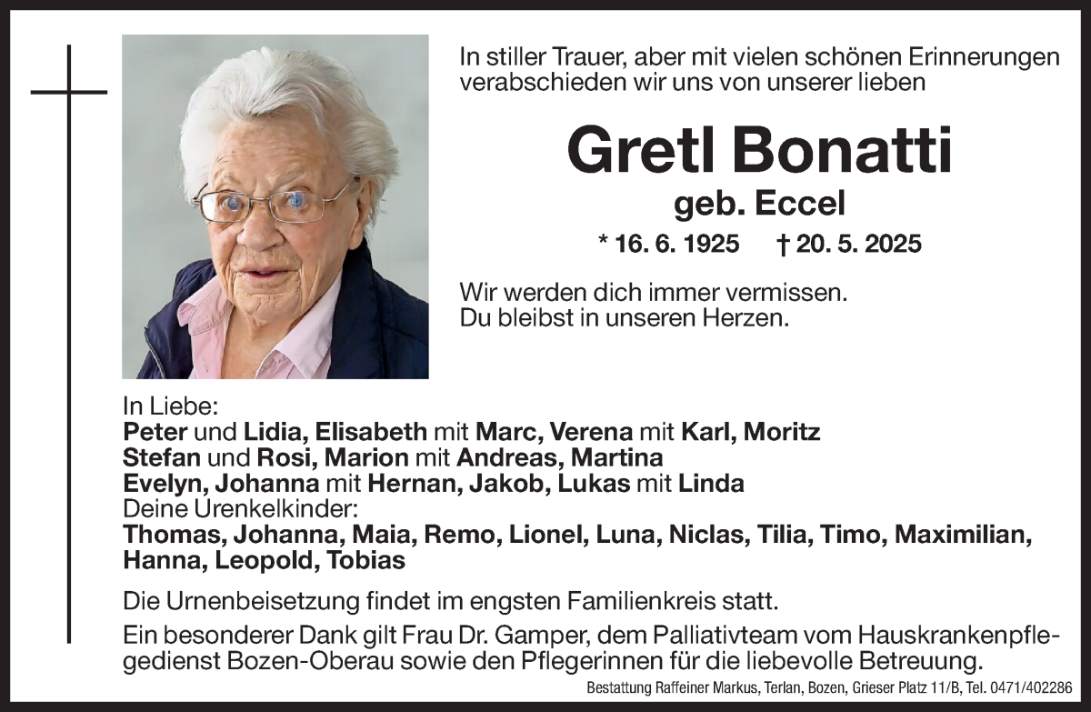  Traueranzeige für Gretl Bonatti vom 23.05.2025 aus Dolomiten