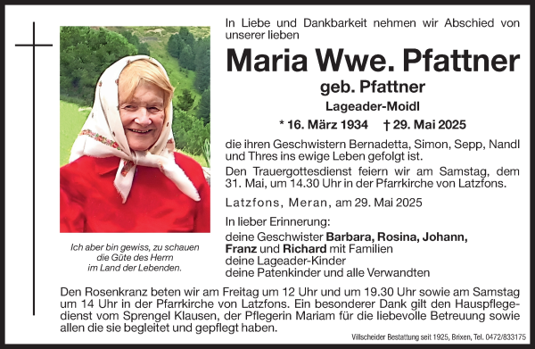 Traueranzeige von Maria Pfattner von Dolomiten