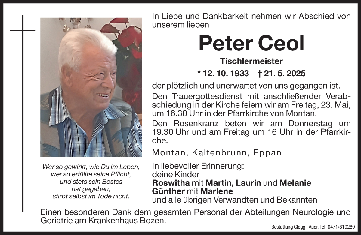  Traueranzeige für Peter Ceol vom 22.05.2025 aus Dolomiten