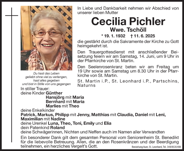 Traueranzeige von Cecilia Tschöll von Dolomiten