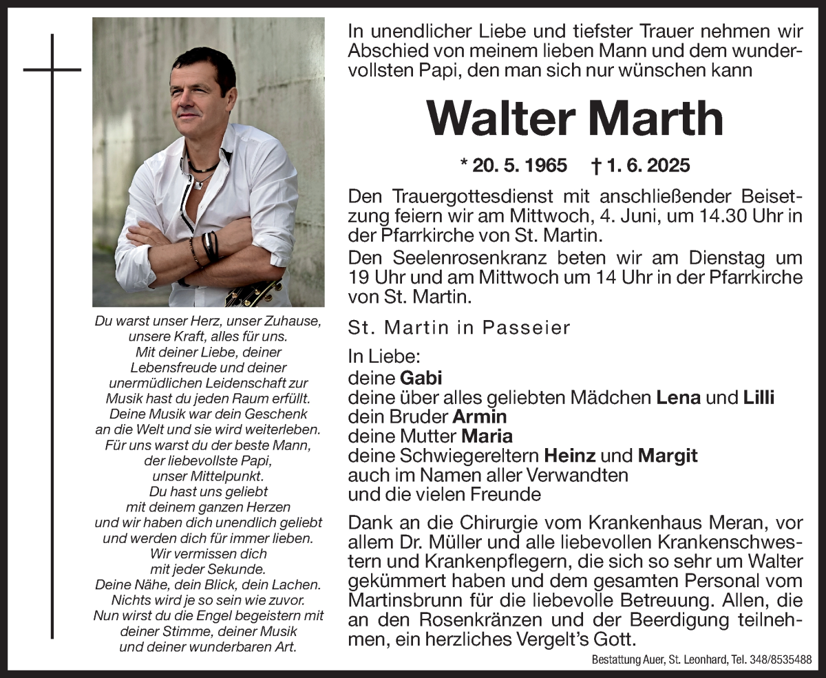  Traueranzeige für Walter Marth vom 03.06.2025 aus Dolomiten